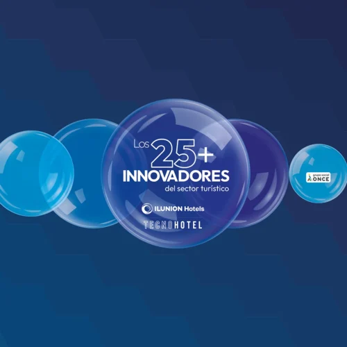 Burbuja central con texto “Los 25+ INNOVADORES del sector turístico”; fondo azul con patrón hexagonal y logotipo de ONCE en burbuja lateral.