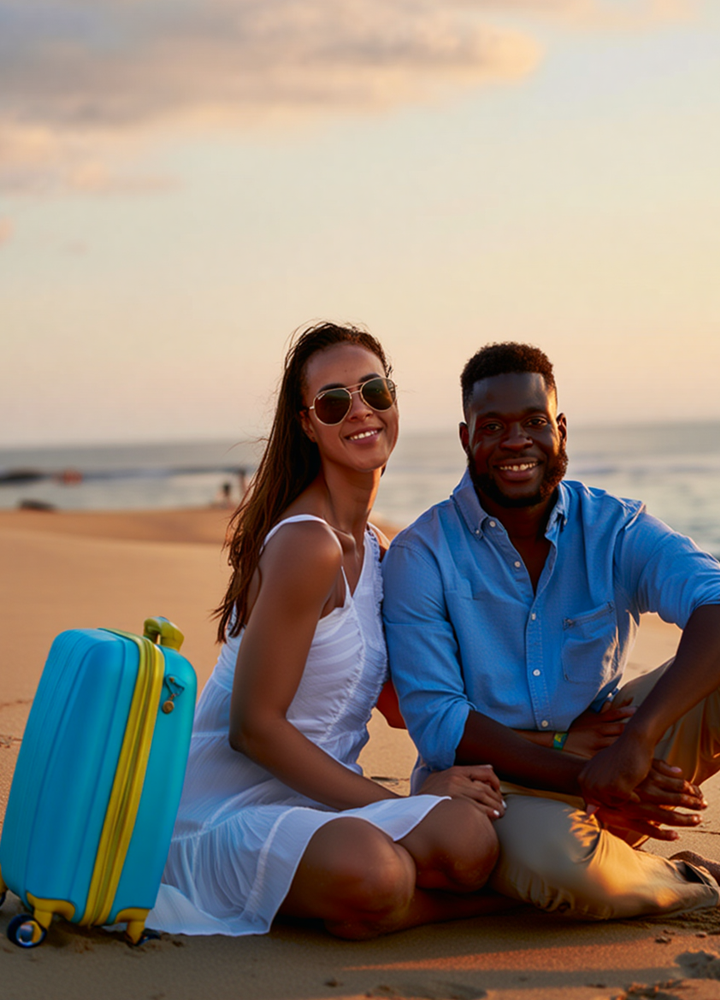 Dos personas sentadas en la playa al atardecer, sonrientes junto a una maleta azul, con el mar y rocas al fondo en un ambiente relajado.