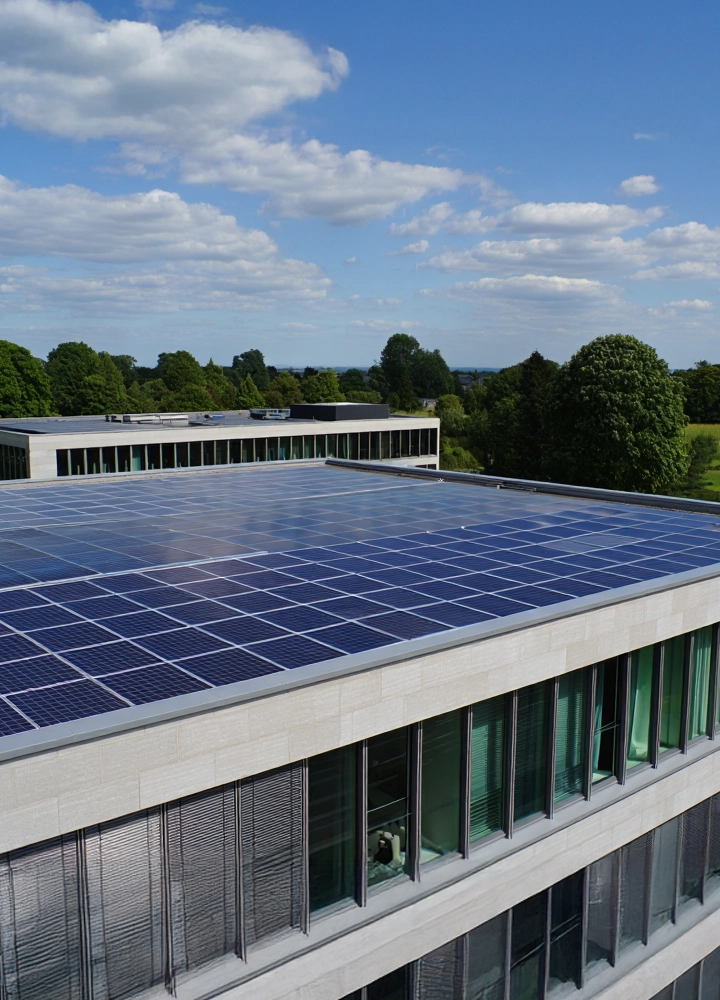 Vista aérea de paneles solares en tejados urbanos, organizados en filas, con reflejos de luz en primer plano.