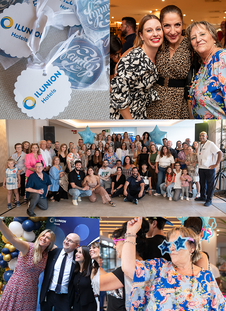 Superior izquierda: Bolsas de organza blancas que contienen dulces redondos de color azul claro con el logotipo de ILUNION Hotels y el texto