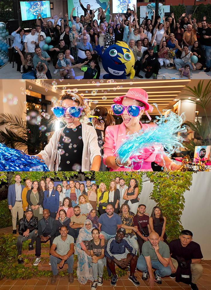 Superior: Un grupo grande de personas posa para la cámara con los brazos levantados, algunos sosteniendo globos. Un personaje de mascota azul y amarillo está en el centro. Central: Dos mujeres sonríen y miran hacia arriba, una lleva gafas de sol azules y un cárdigan beige, y la otra lleva un sombrero rosa, gafas de sol rosas y sostiene un pompón azul. Inferior: Un grupo diverso de personas, vestidas con ropa informal, posa para la cámara en dos filas, algunas sentadas y otras de pie.