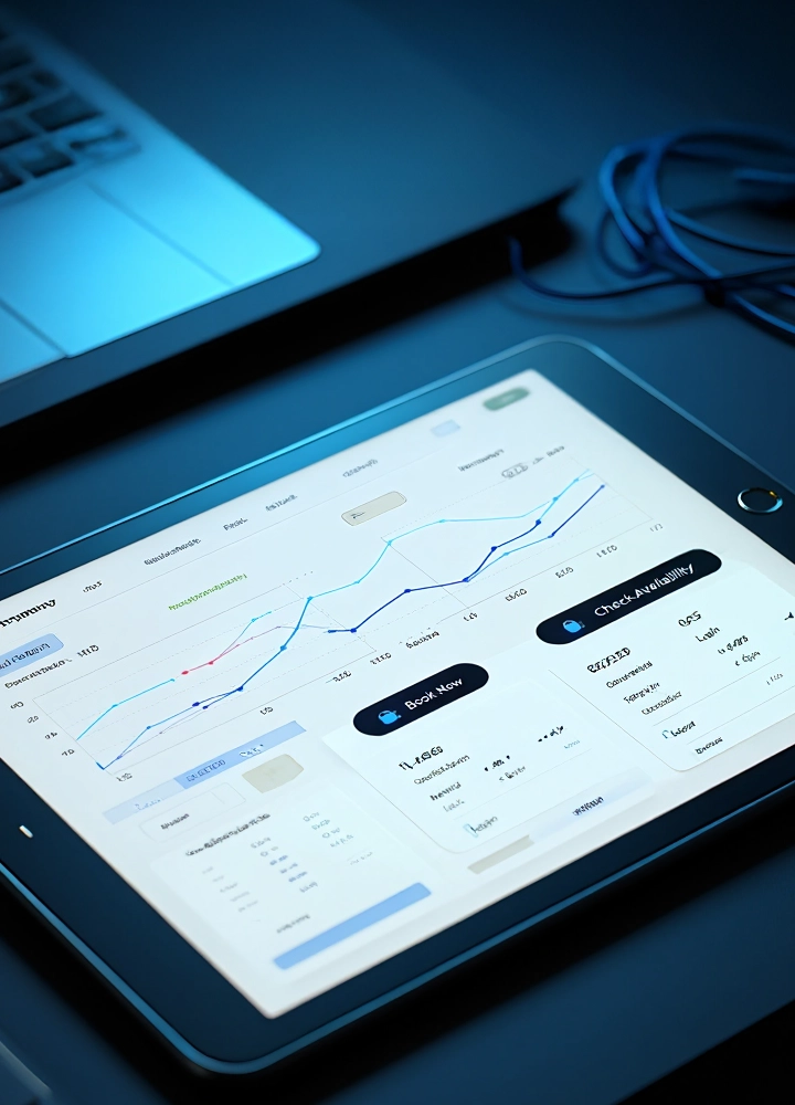 Una tablet muestra una interfaz con gráficos de líneas y datos de disponibilidad. Un portátil y cables azules se ven borrosos en un escritorio oscuro.