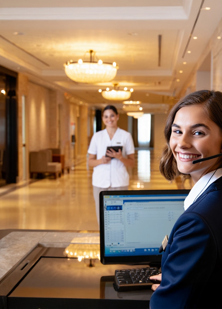 Una empleada sonriente con auriculares y micrófono trabaja en un ordenador en una recepción, mientras otra empleada sonríe en el fondo de un pasillo iluminado.