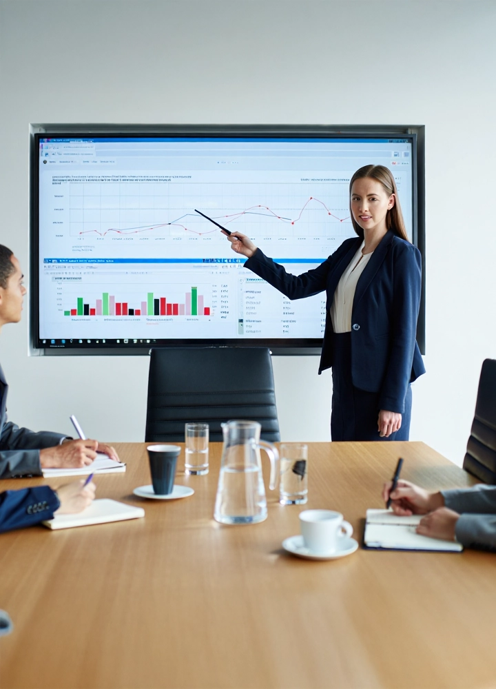 Una mujer con traje de negocios presenta gráficos y datos en una gran pantalla digital. Tres asistentes están sentados alrededor de una mesa de madera, tomando notas.
