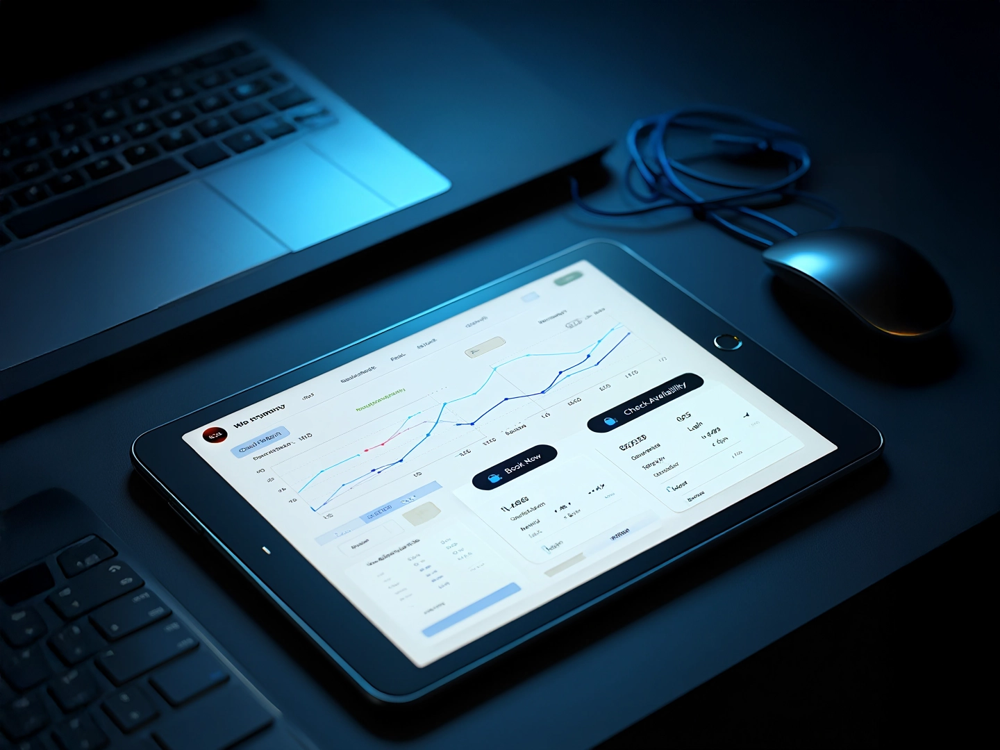 Una tablet muestra una interfaz con gráficos de líneas y datos de disponibilidad. Un portátil y cables azules se ven borrosos en un escritorio oscuro.