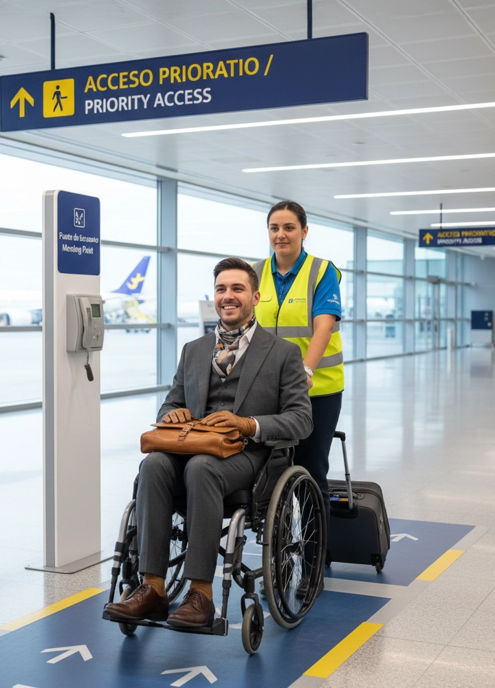 Hombre en silla de ruedas con bolso en el regazo, asistido por trabajadora del aeropuerto con chaleco reflectante en zona de acceso prioritario.