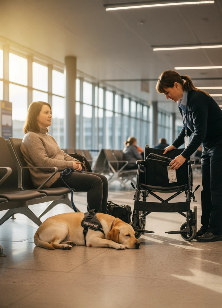 Mujer sentada en terminal de aeropuerto junto a perro de asistencia con chaleco; otra mujer prepara una silla de ruedas con etiqueta de equipaje.