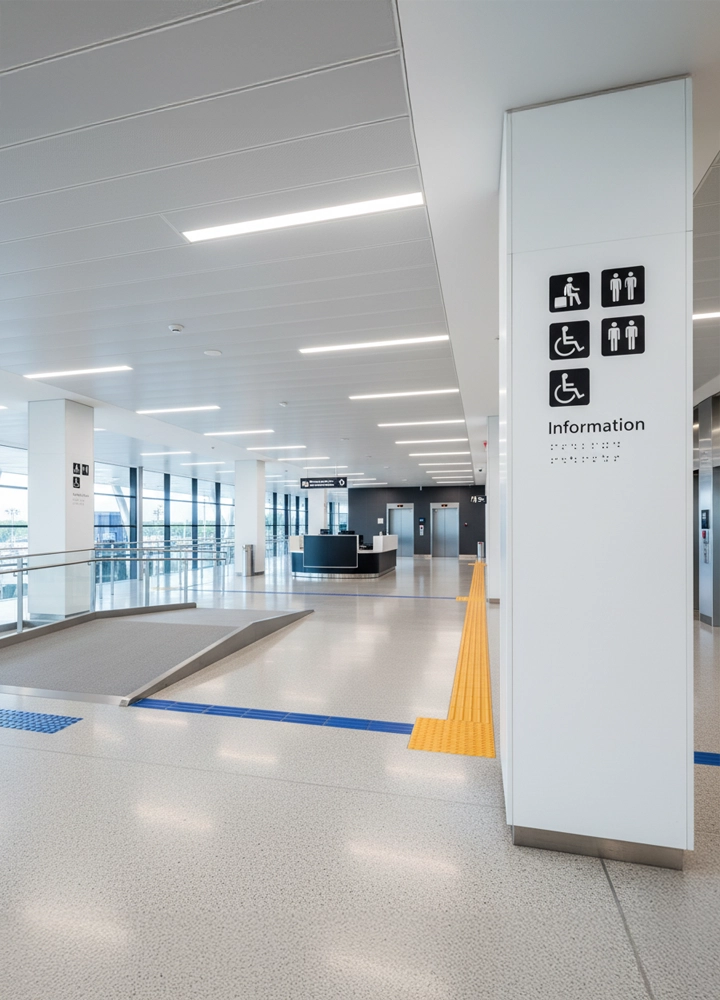 Espacio interior moderno con rampa accesible, señalización con braille y pavimento táctil amarillo para personas con discapacidad visual.