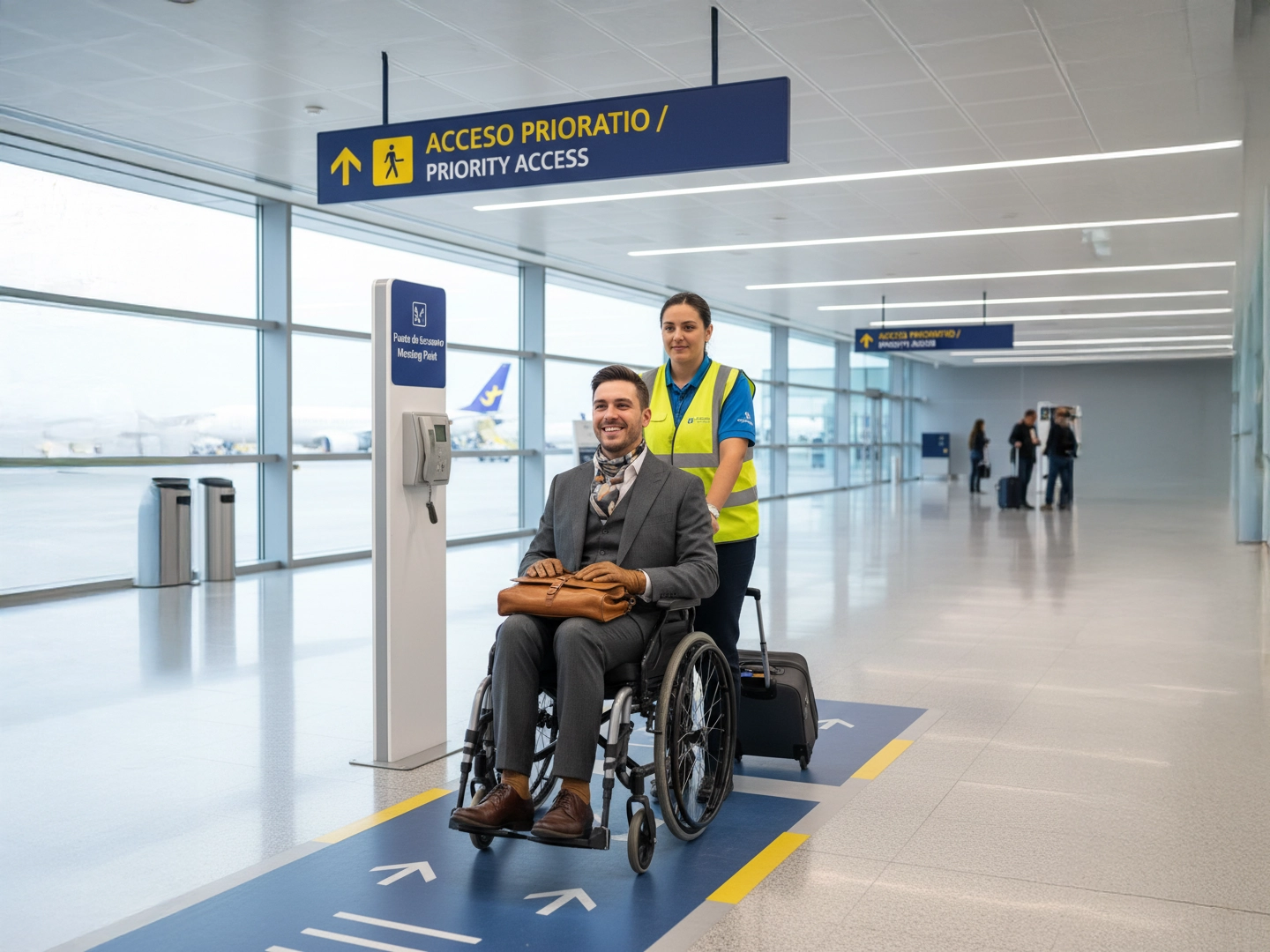 Hombre en silla de ruedas con bolso en el regazo, asistido por trabajadora del aeropuerto con chaleco reflectante en zona de acceso prioritario.