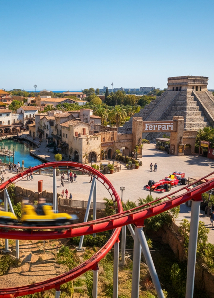 Montaña rusa roja y zona temática Ferrari con pirámide, coches de F1 y visitantes en parque de atracciones bajo cielo despejado.