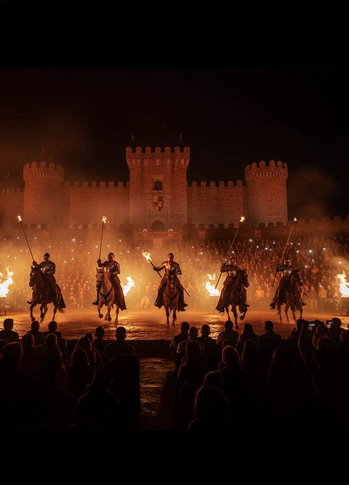 Caballeros a caballo con antorchas avanzan hacia el público frente a un castillo iluminado en evento nocturno de temática medieval.