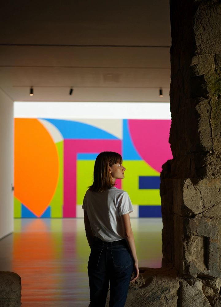Una mujer de pelo castaño, con camiseta blanca y vaqueros, mira una pintura abstracta de colores vivos (naranja, azul, fucsia, verde) en una galería, desde una abertura en una pared de piedra.