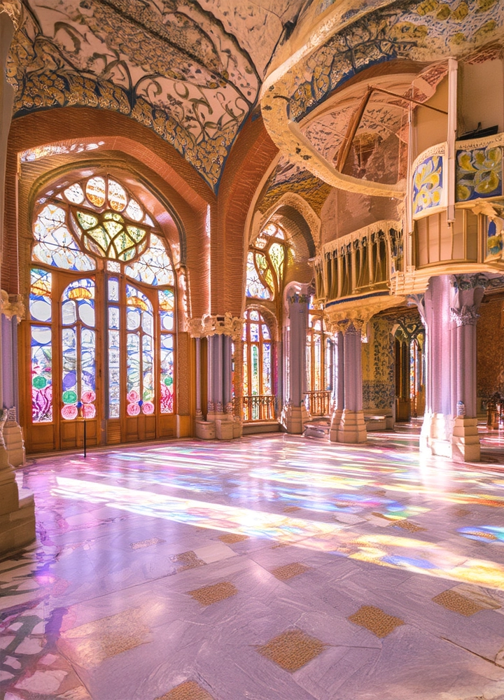 Grandes ventanales de vidrieras iluminan una sala de estilo modernista con suelos de baldosas y arcos decorados, proyectando coloridas luces en el suelo.