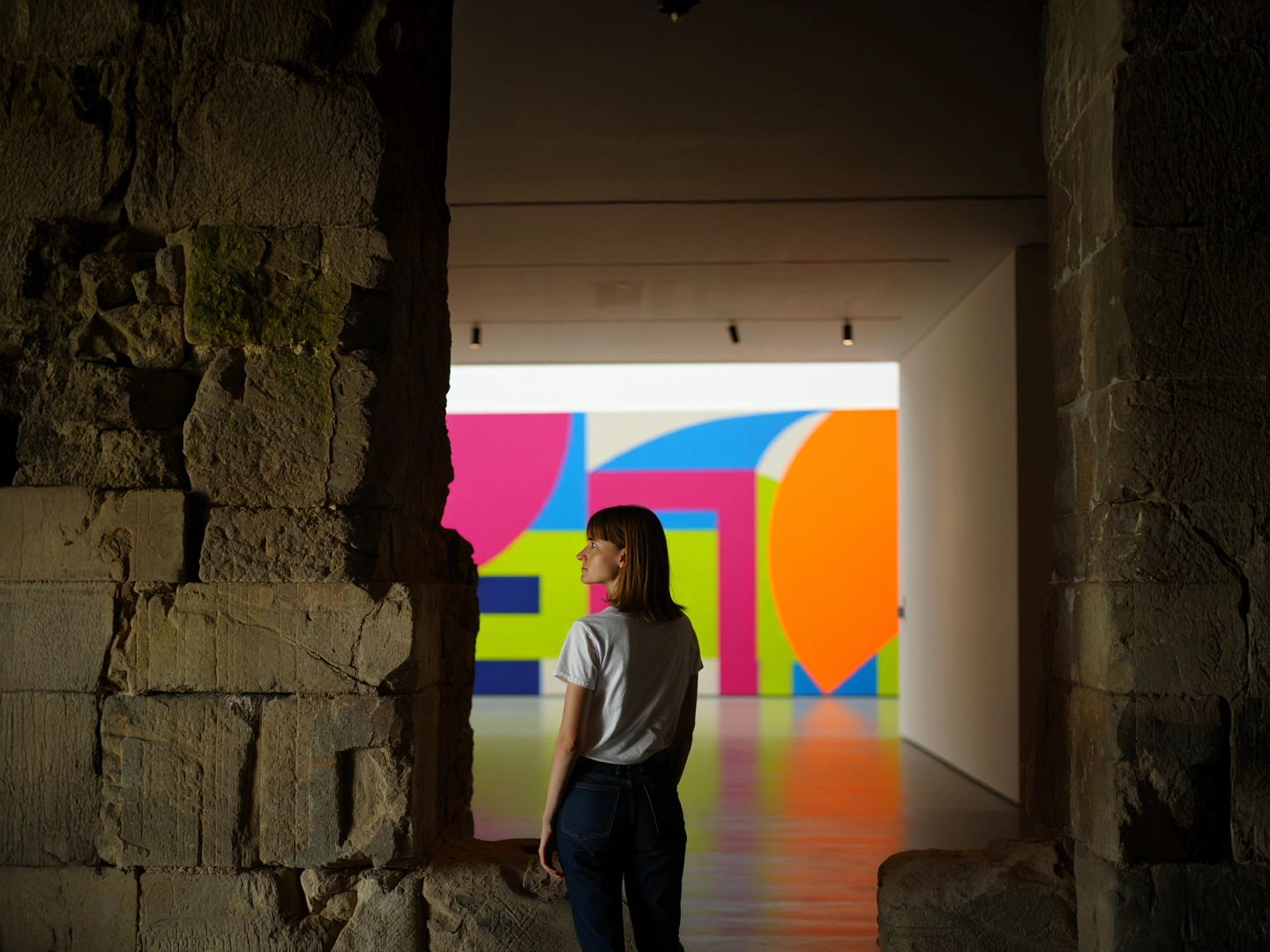Una mujer de pelo castaño, con camiseta blanca y vaqueros, mira una pintura abstracta de colores vivos (naranja, azul, fucsia, verde) en una galería, desde una abertura en una pared de piedra.