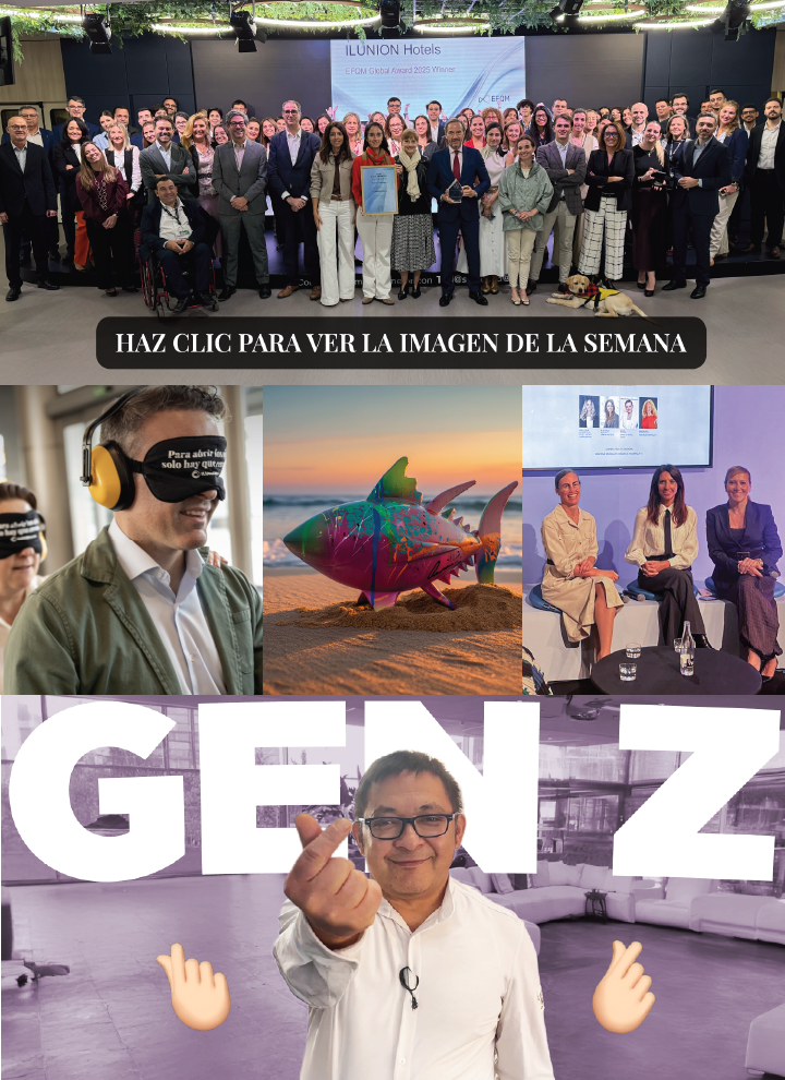 Collage de seis imágenes: Grupo de personas premiadas; hombre con antifaz; escultura de tiburón de colores; tres mujeres en mesa redonda; hombre haciendo un corazón con los dedos sobre la palabra GEN Z.
