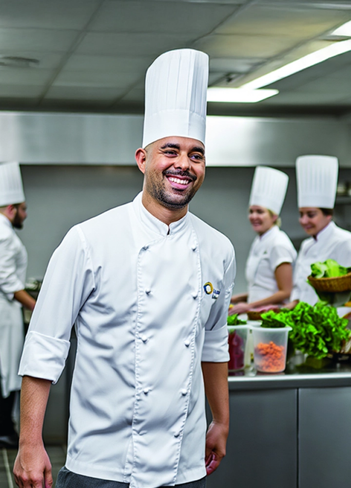 Grupo de chefs en cocina profesional; uno en primer plano sonríe mientras otros preparan alimentos con verduras frescas sobre la encimera.
