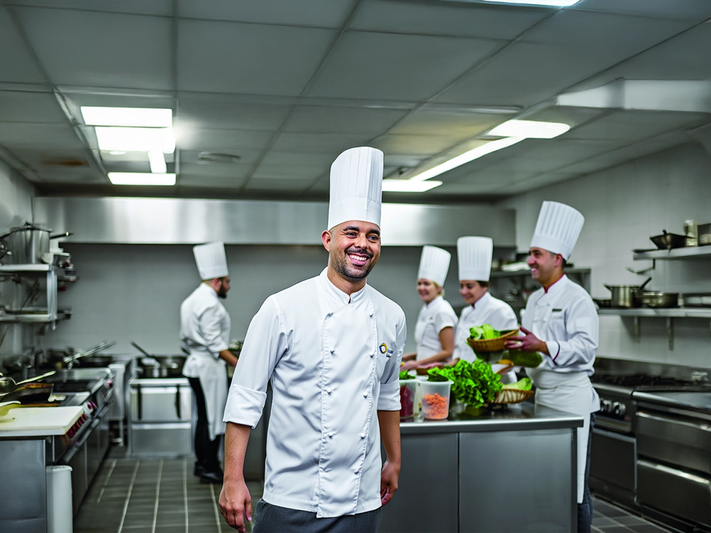 Grupo de chefs en cocina profesional; uno en primer plano sonríe mientras otros preparan alimentos con verduras frescas sobre la encimera.