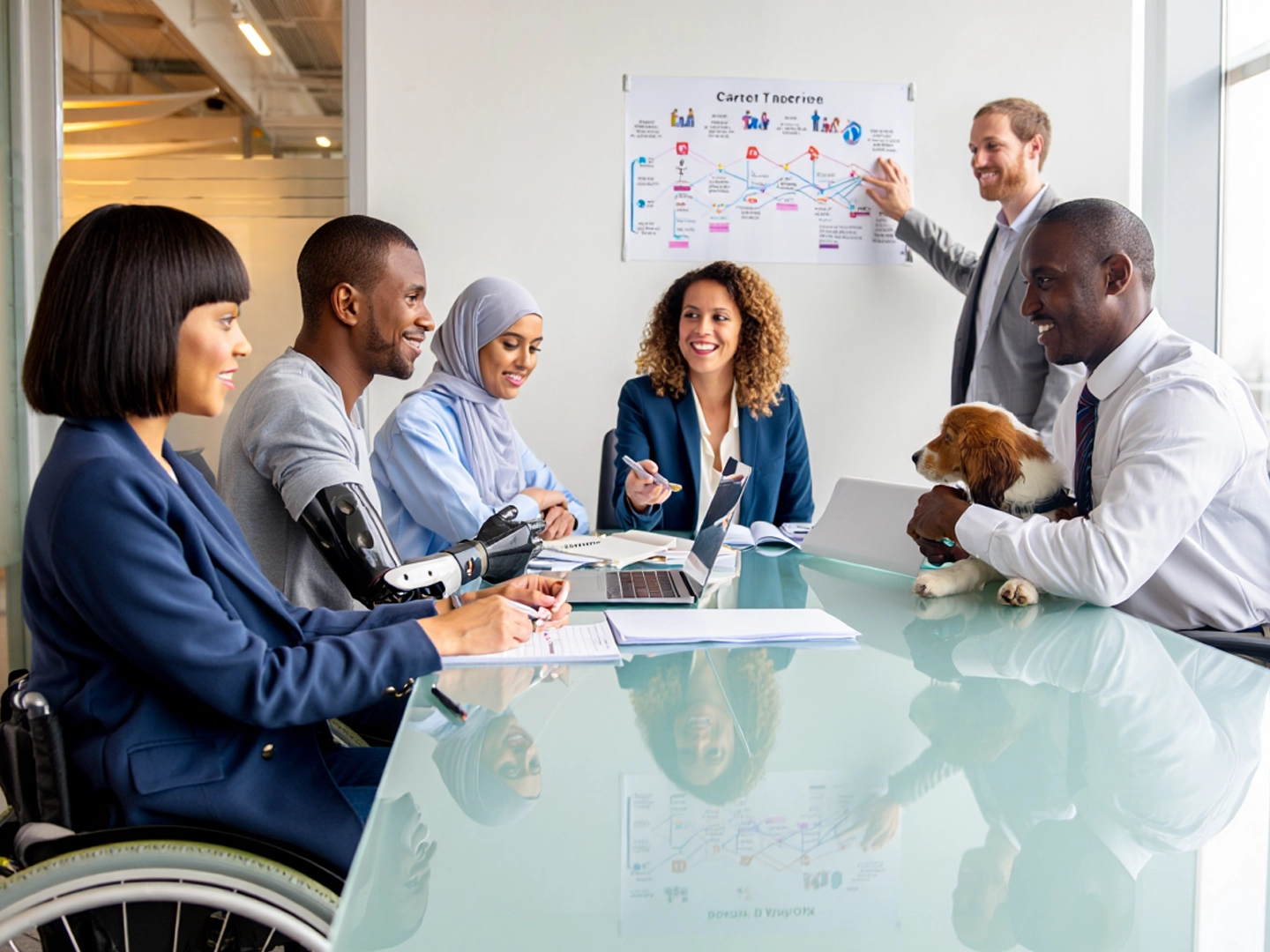 Reunión de oficina: cinco personas diversas (incluyendo una en silla de ruedas, un hombre con prótesis y una mujer con hiyab). Un hombre explica un diagrama.