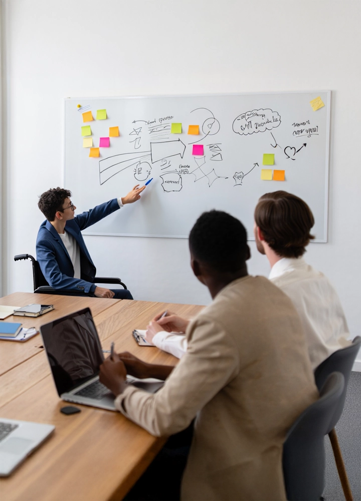 Reunión de oficina: un hombre en silla de ruedas señala una pizarra con notas adhesivas de colores y dibujos de ideas, mientras dos compañeros lo observan desde una mesa con un portátil.