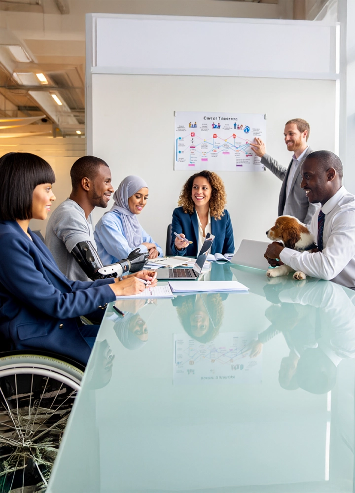 Reunión de oficina: cinco personas diversas (incluyendo una en silla de ruedas, un hombre con prótesis y una mujer con hiyab) y un perro sobre una mesa. Un hombre explica un diagrama.