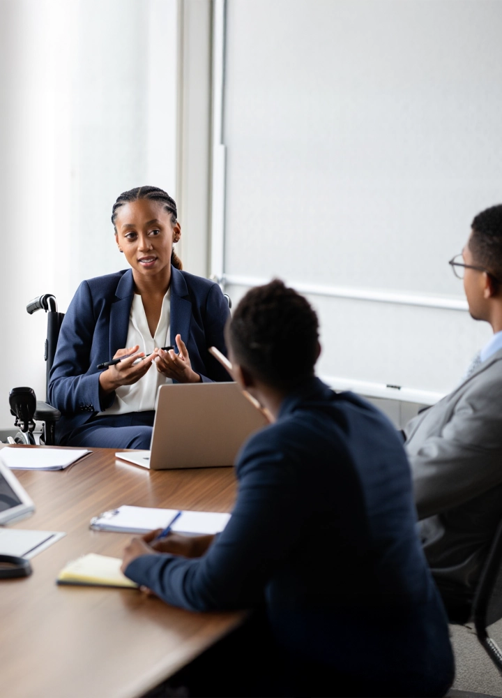 Mujer con trenzas en silla de ruedas, vestida de traje oscuro, gesticula mientras habla en una reunión. Dos compañeros la escuchan sentados al otro lado de la mesa de madera.