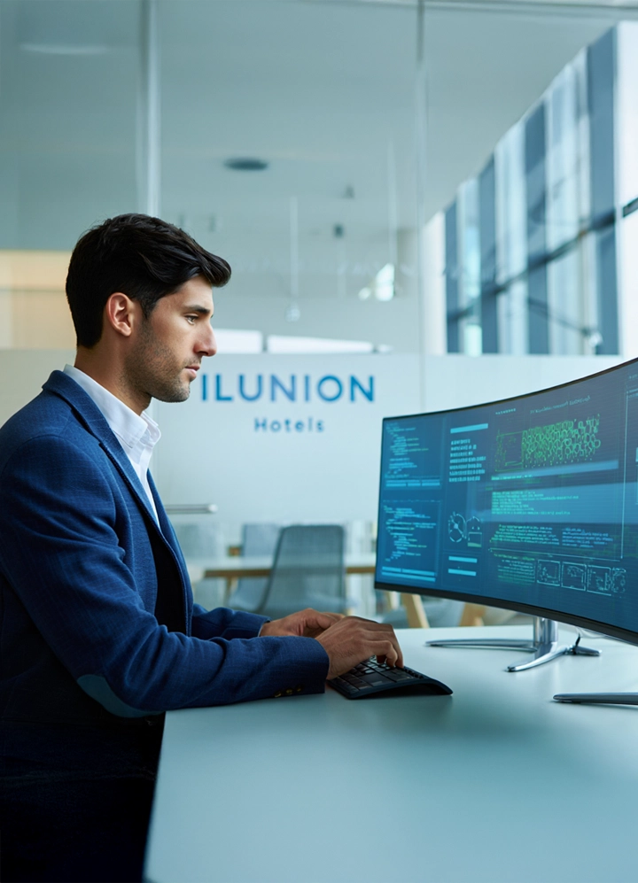 Hombre con traje azul trabajando en oficina moderna frente a monitor curvo con código y gráficos en pantalla.