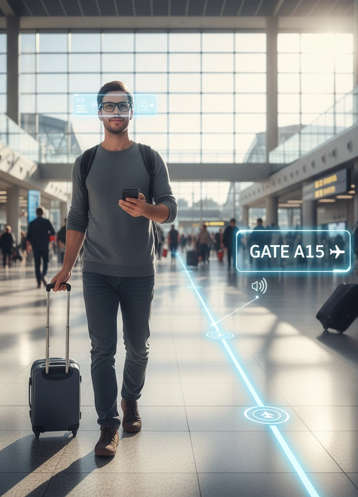 Hombre caminando por aeropuerto con maleta y móvil, señal digital indica puerta A15 en un entorno moderno y luminoso.
