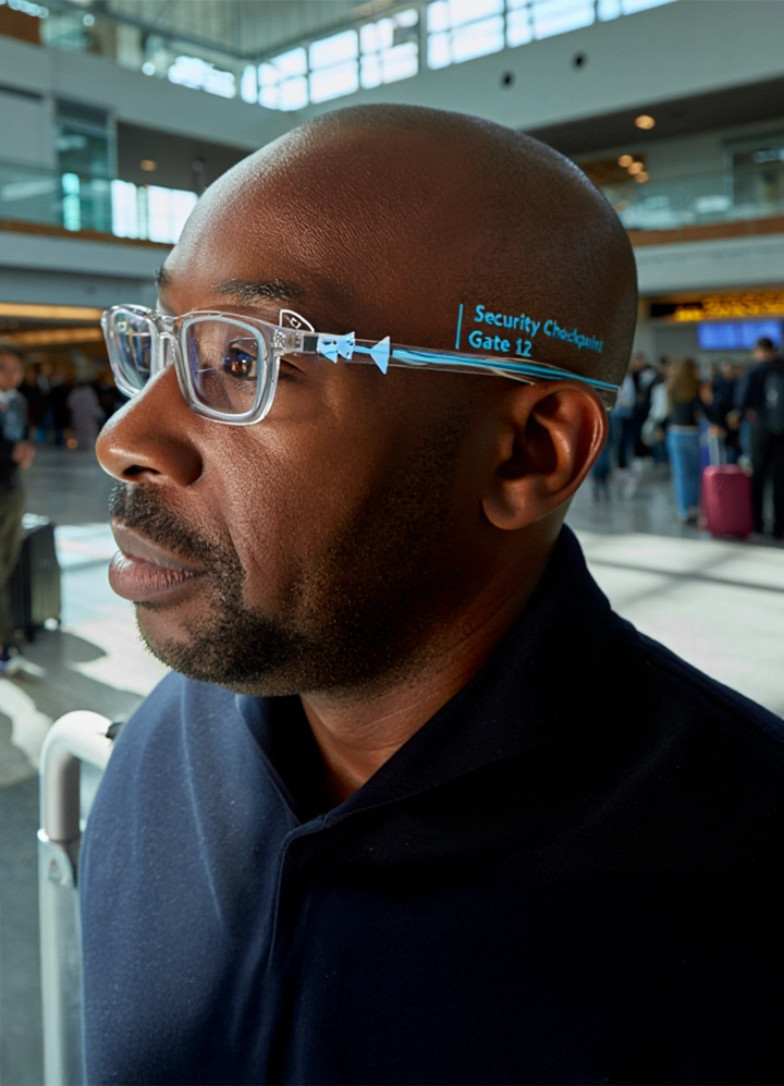 Hombre en aeropuerto con chaqueta oscura, junto a señal que indica control de seguridad en la puerta 12.