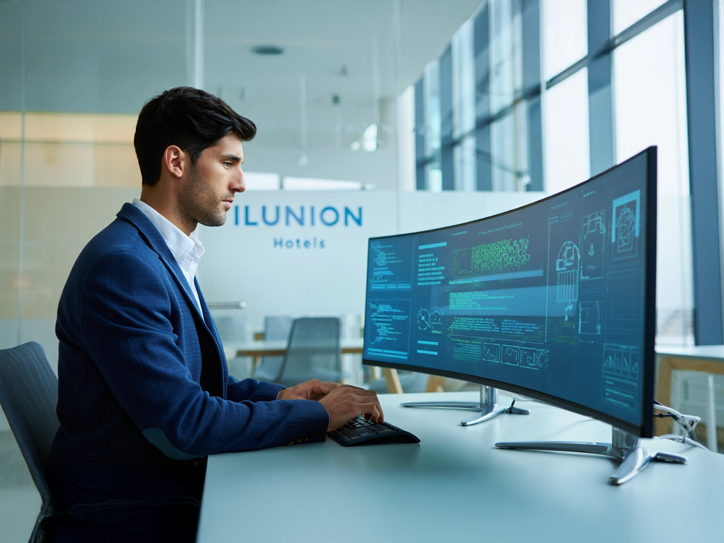 Hombre con traje sentado en oficina moderna trabajando en dos monitores curvos con código y gráficos en pantalla.