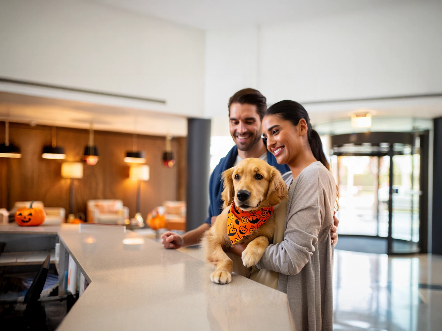 Una pareja sonriente en la recepción de un hotel, sosteniendo un cachorro Golden Retriever que lleva un pañuelo de Halloween con calabazas.