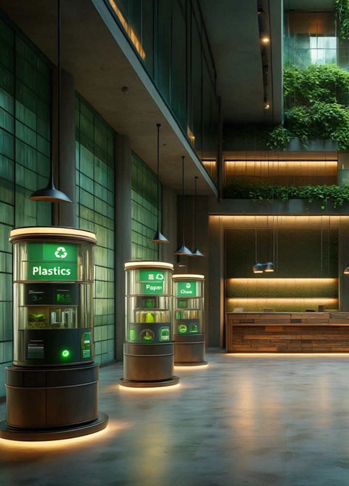 Puntos de reciclaje futuristas iluminados en un vestíbulo de hotel moderno y sostenible, con columnas de plástico, papel y orgánico. En el fondo, un mostrador de recepción de madera y paredes verdes.