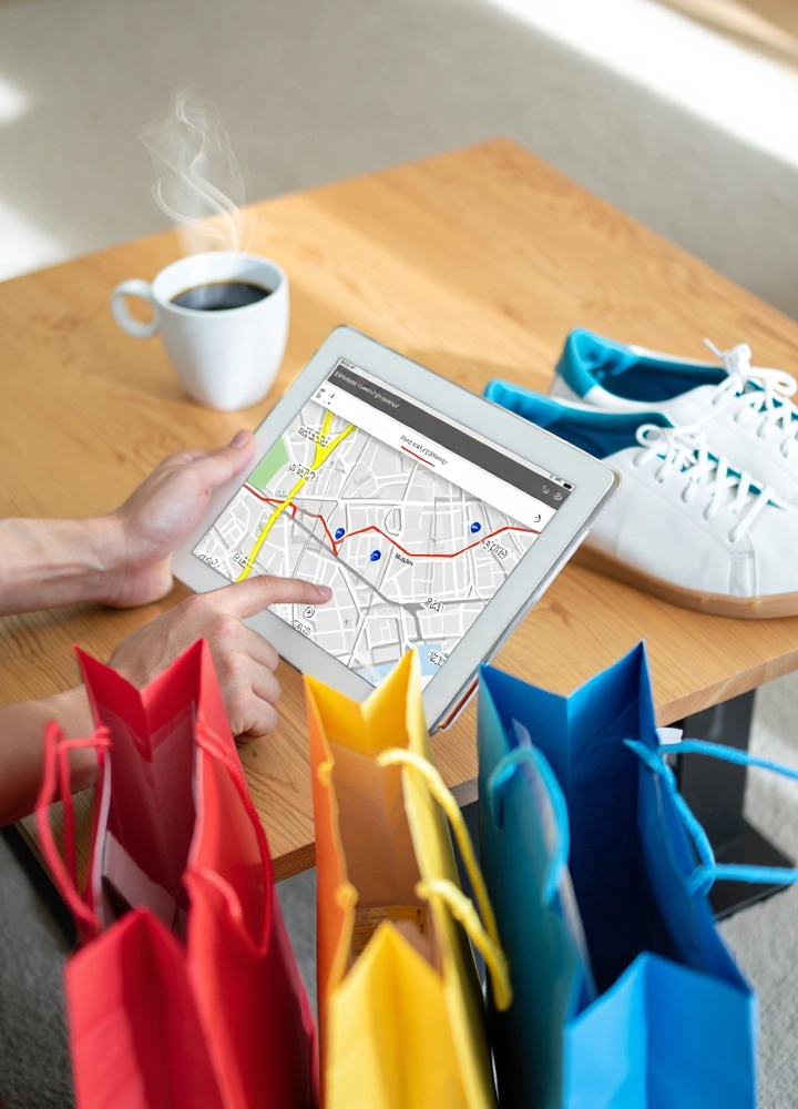 Desde arriba, manos sostienen una tablet con un mapa de rutas. Alrededor hay tres bolsas de colores (roja, amarilla, azul), una taza de café humeante y unos zapatos blancos y azules sobre una mesa de madera.