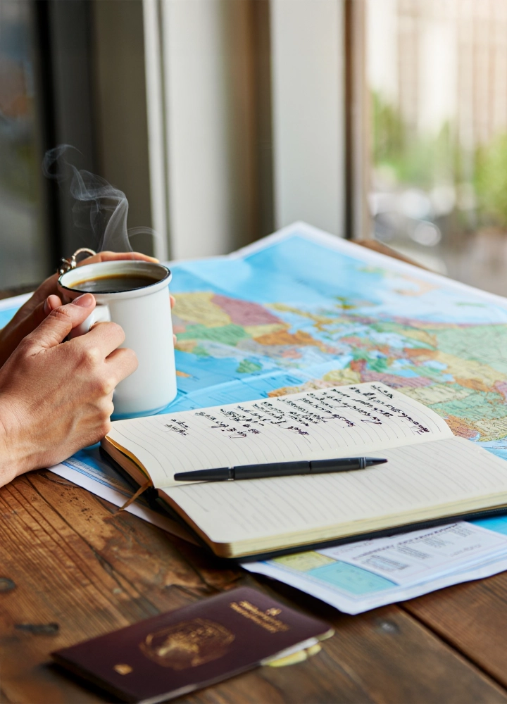 Persona con taza caliente junto a libreta con notas sobre un mapa de Norteamérica y un pasaporte, en escena de planificación de viaje.