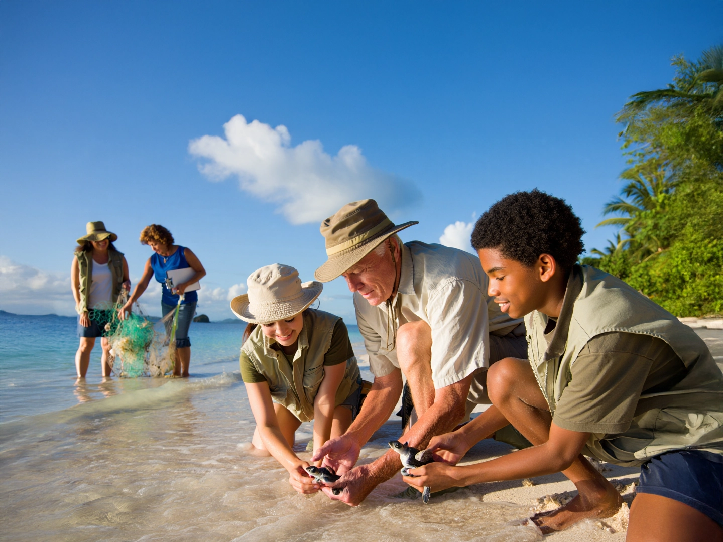 Personas en la playa liberando tortugas al mar en actividad de conservación, con cielo despejado, palmeras y vegetación costera al fondo.