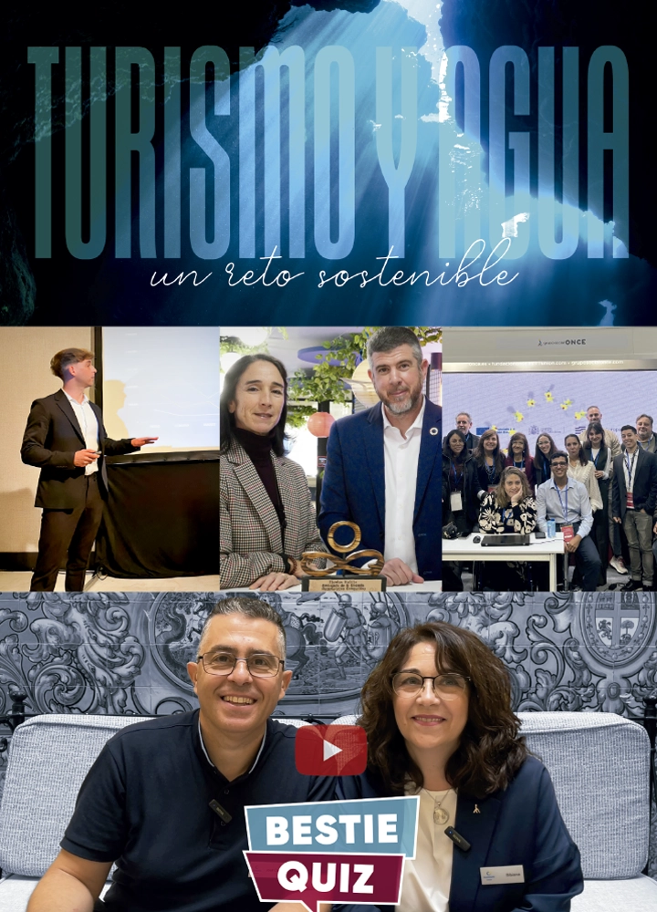 Imagen superior: texto Turismo y Agua, un reto sostenible sobre fondo azul. Imágenes del medio: persona dando presentación, dos personas mostrando trofeo y grupo posando frente a cartel ONCE. Imagen inferior: dos personas sentadas en sofá con logo Bestie Quiz.