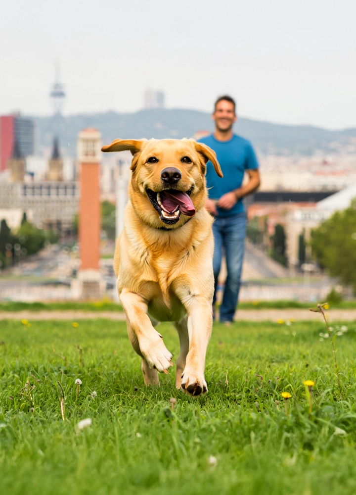 Perro corriendo sobre césped hacia la cámara, con una persona caminando detrás en un parque urbano con edificios al fondo.