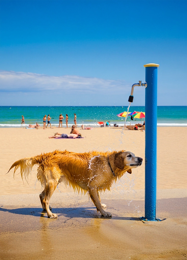 Perro mojado sacudiéndose junto a una ducha de playa azul, con arena, sombrillas y personas al fondo frente al mar.