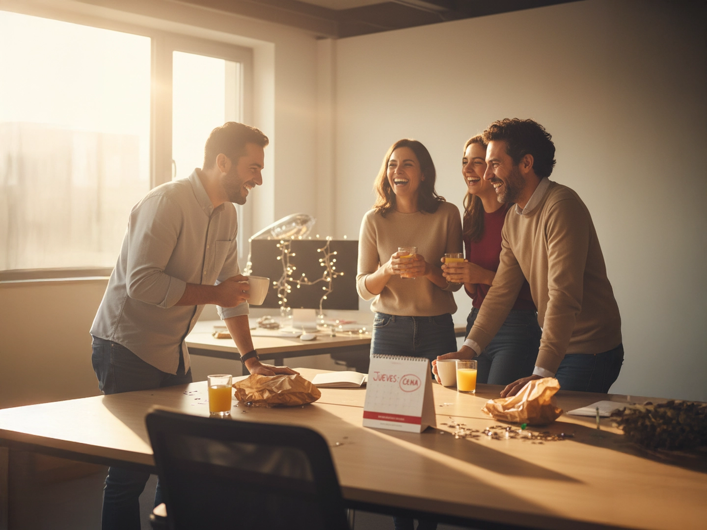 Varias personas de pie alrededor de una mesa con bebidas y aperitivos, en una oficina decorada con luces y un cartel que indica jueves cena.
