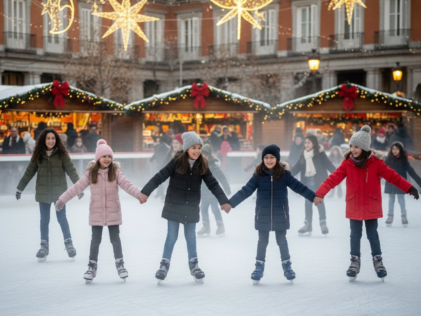 Varias personas patinan sobre hielo al aire libre, tomadas de la mano, con puestos navideños iluminados y grandes estrellas decorativas en el fondo.