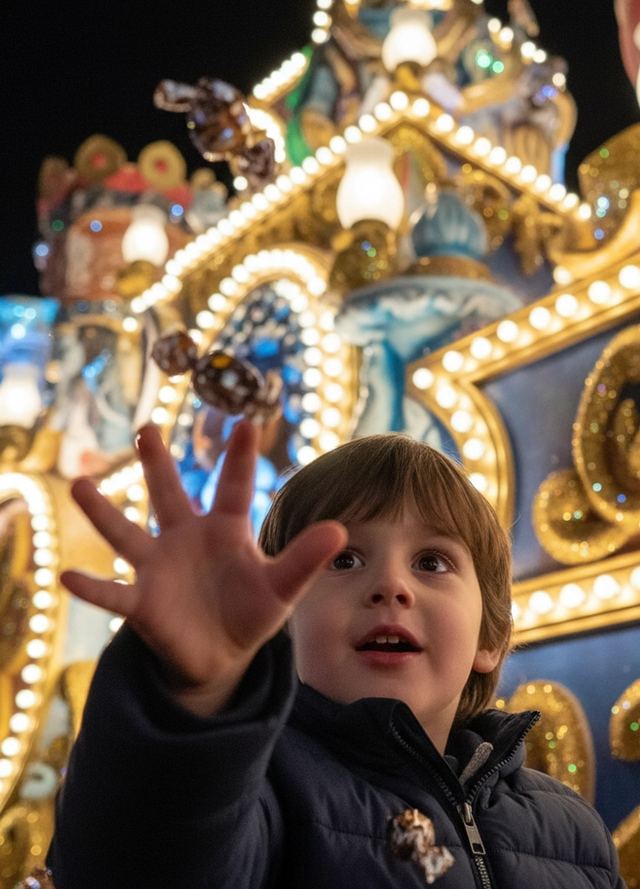 Un menor extiende la mano hacia caramelos en el aire, con un fondo iluminado de carroza decorada con luces y figuras festivas.