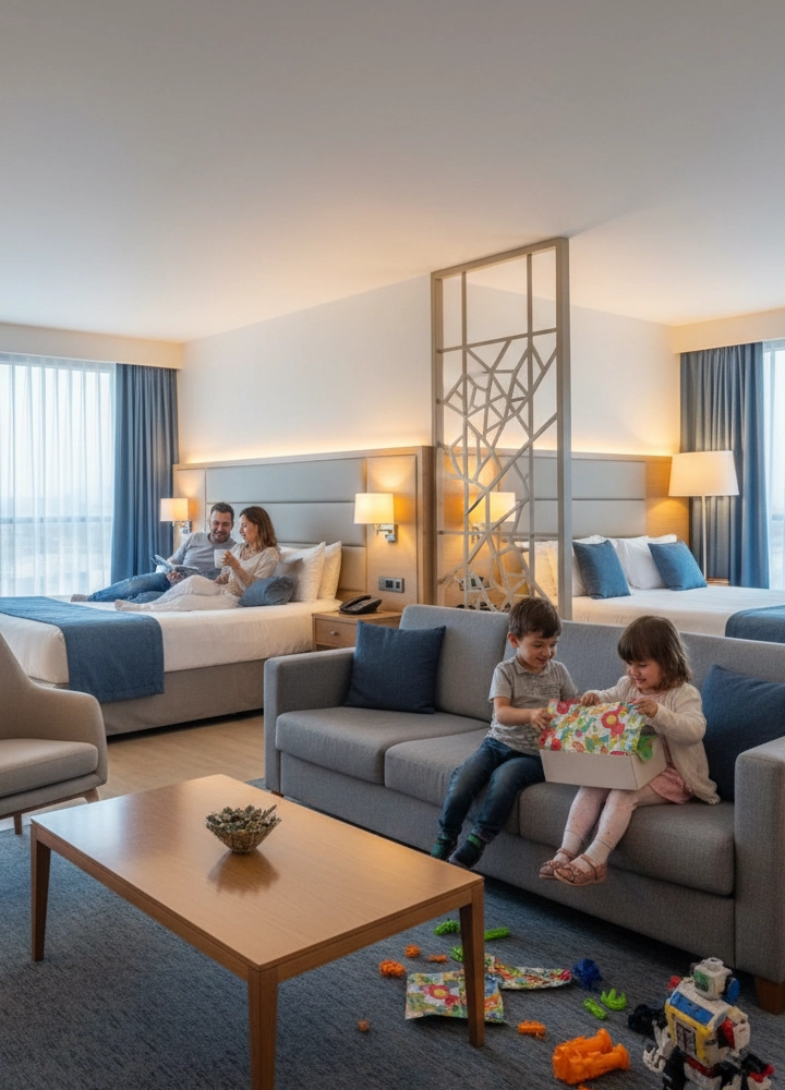 Dos adultos sentados en camas en una habitación amplia y luminosa, mientras dos menores juegan con juguetes en un sofá frente a una mesa.