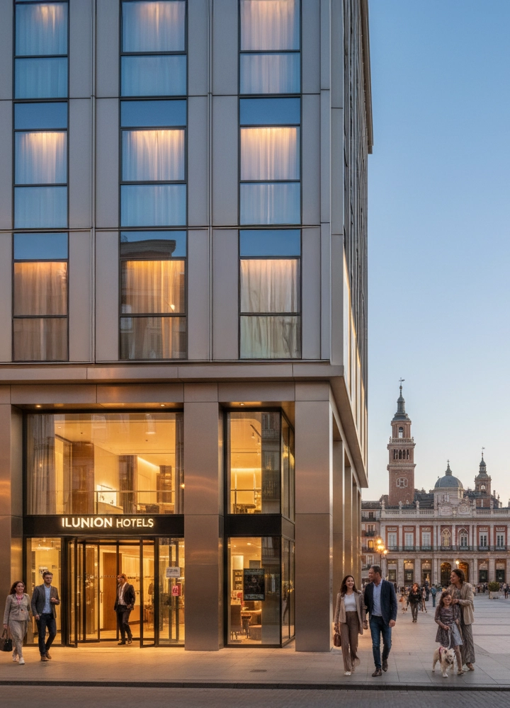 Exterior de un hotel Ilunion con fachada moderna, ventanas iluminadas y entrada de cristal, frente a una plaza con edificios históricos y gente caminando.