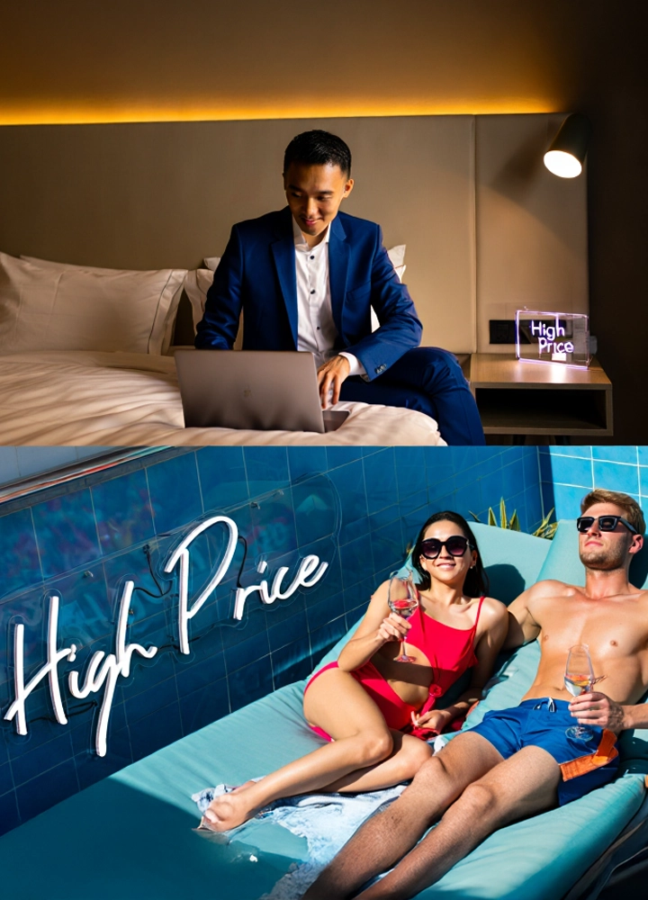 Composición de dos imágenes: arriba, un hombre de negocios trabaja en un portátil en una cama de hotel. Abajo, una pareja relajada bebe junto a una piscina.