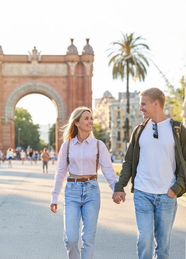 Hombre y mujer caminando de la mano frente al Arco de Triunfo, ambos con ropa casual y mochilas, en una avenida soleada con palmeras y edificios al fondo.