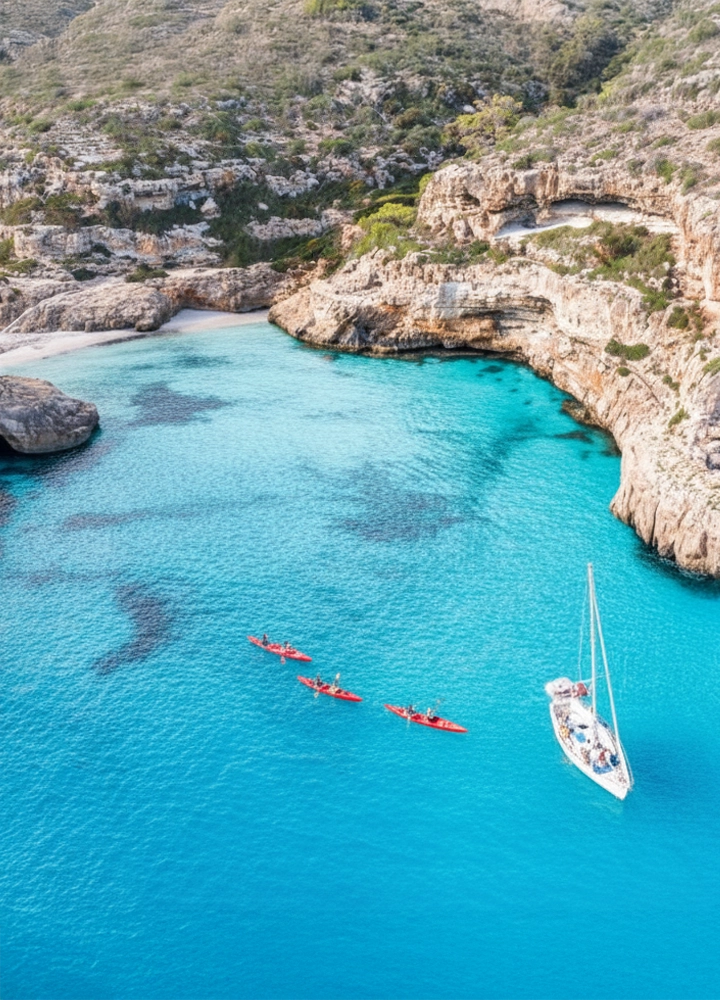 Tres kayaks rojos con personas remando en aguas turquesas junto a una costa rocosa, cerca de un velero blanco anclado en una cala rodeada de vegetación.