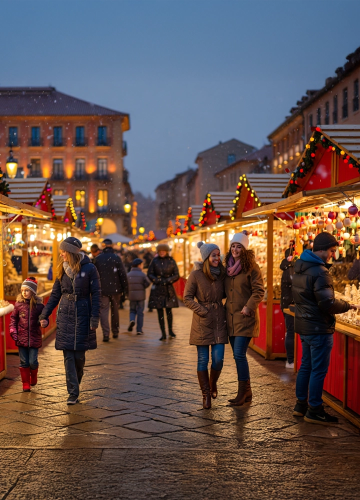 Dos mujeres pasean por un mercadillo navideño en un día nevado. Hay casetas rojas con decoraciones, gente con abrigos y edificios al fondo.
