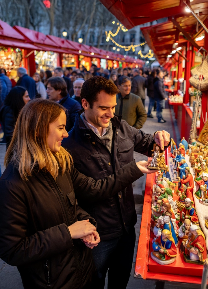 Una pareja sonriente en un mercado navideño mira figuras de un Belén en un puesto bajo toldos rojos. Hay una multitud y luces borrosas al fondo.