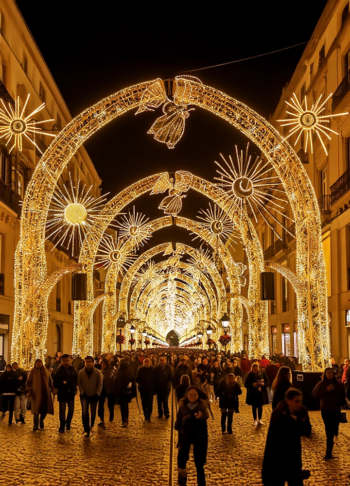 Calle Larios de Málaga de noche, llena de gente caminando bajo arcos de luces navideñas doradas en forma de sol, ángeles y patrones de estrellas brillantes.