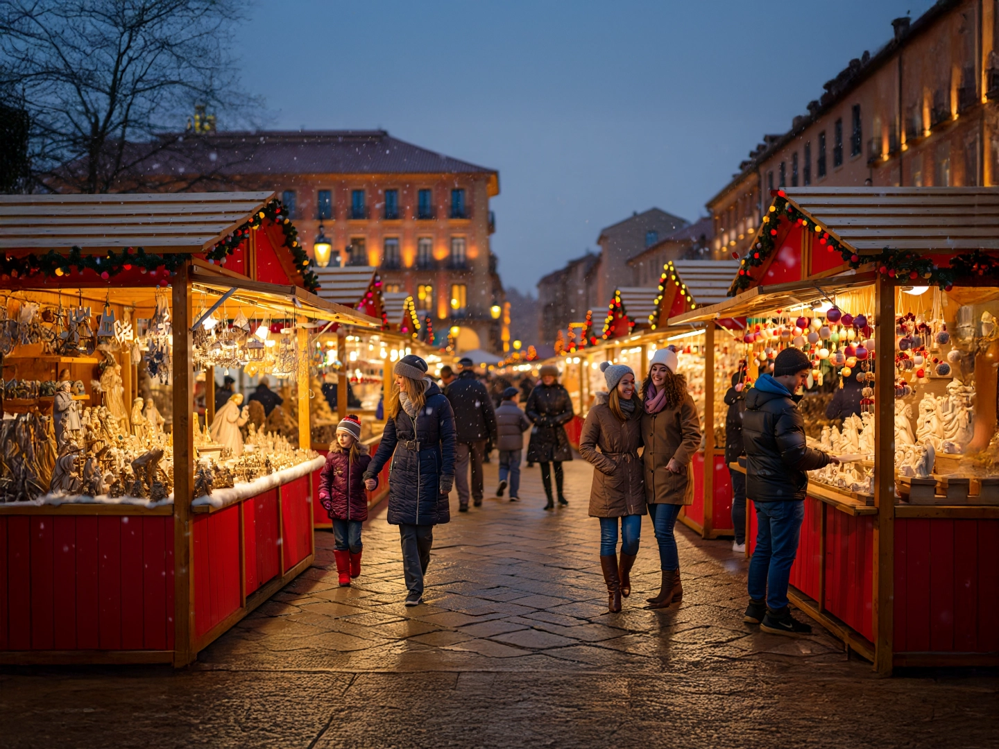 Dos mujeres pasean por un mercadillo navideño en un día nevado. Hay casetas rojas con decoraciones, gente con abrigos y edificios al fondo.