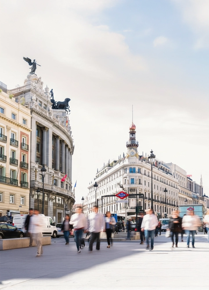 Vista urbana de la Gran Vía en Madrid con edificios históricos, esculturas en la azotea y entrada al metro; varias personas caminan por la calle bajo cielo despejado.
